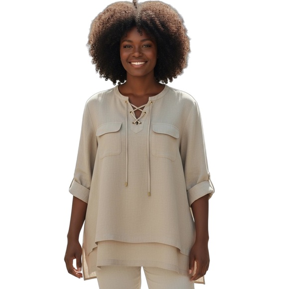 Ellen Tracy Lace-Up Linen Tunic Top XXL Sandstone - Picture 1 of 8